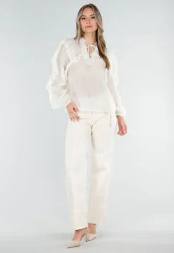 Beige Ruffle Blouse met Lange Mouwen en Striksluiting