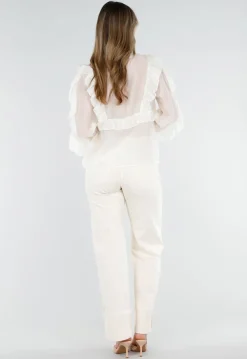 Beige Ruffle Blouse met Lange Mouwen en Striksluiting