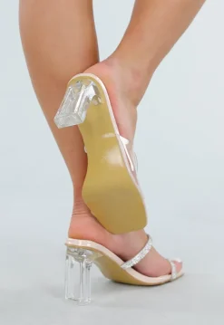 Beige Sandaletten met Glitterbandjes en Transparante Hak