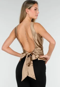 Beige Satijnen Stretch Top met Strik en Open Rug