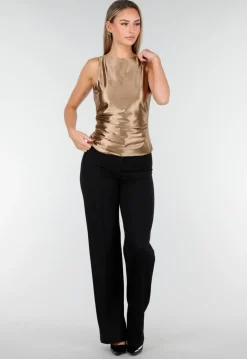 Beige Satijnen Stretch Top met Strik en Open Rug