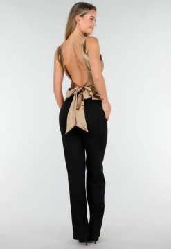 Beige Satijnen Stretch Top met Strik en Open Rug