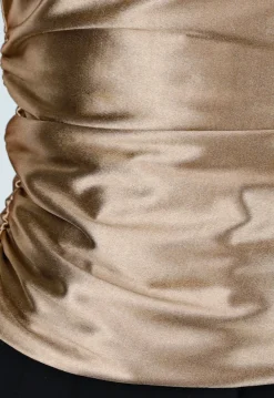 Beige Satijnen Stretch Top met Strik en Open Rug