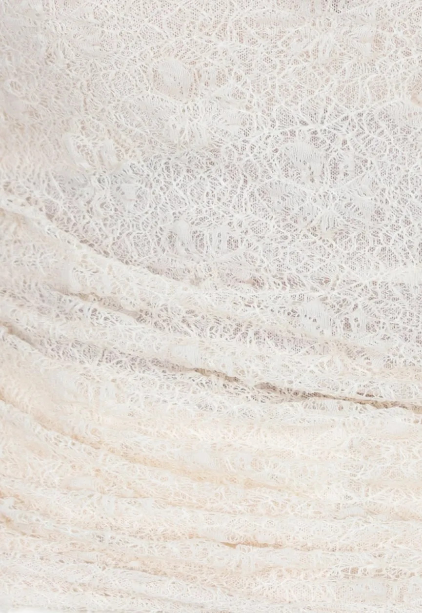 Beige See Through Kanten Top met Gedrappeerd Effect