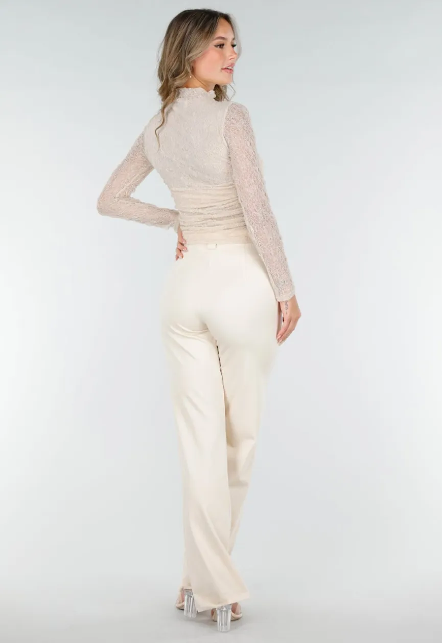 Beige See Through Kanten Top met Gedrappeerd Effect