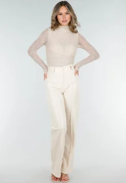 Beige See Through Kanten Top met Gedrappeerd Effect