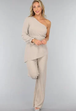 Beige Shimmer Top met Enkele Mouw