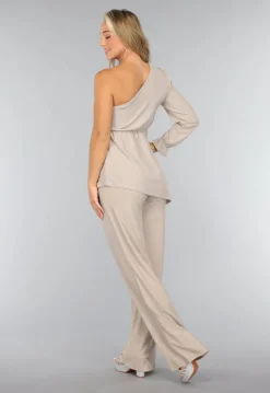 Beige Shimmer Top met Enkele Mouw