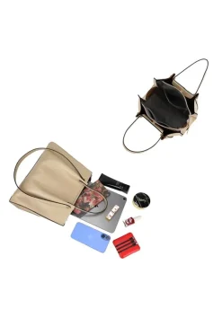 Beige Shopper met Dubbele Schouderhengsels en Plooivorming