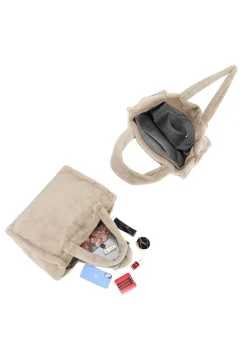 Beige Shopper Tas met Zachte Imitatiebontstructuur