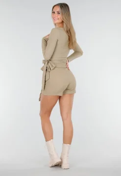Beige Skort met Overslag en Strikdetail in Linnenlook Stof