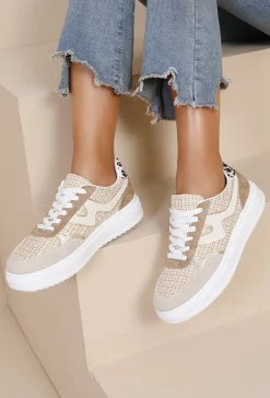 Beige Sneakers van Textiel en Suède met Veters en Plateau Zool