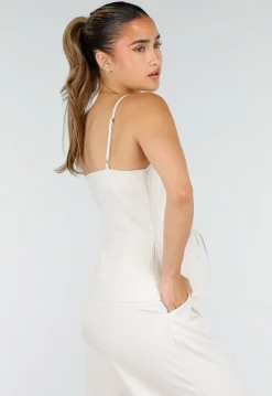 Beige Spaghettiband Top met Wide Leg Broek Set