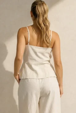 Beige Spaghettiband Top met Wide Leg Broek Set