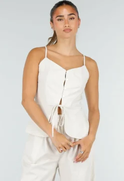 Beige Spaghettiband Top met Wide Leg Broek Set
