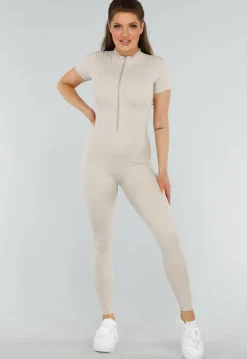 Beige Sport Jumpsuit met Korte Mouwen en Rits