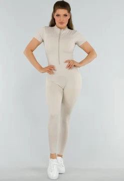 Beige Sport Jumpsuit met Korte Mouwen en Rits