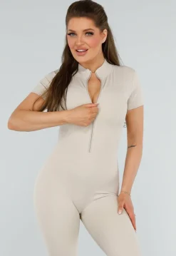 Beige Sport Jumpsuit met Korte Mouwen en Rits