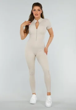 Beige Sport Jumpsuit met Korte Mouwen en Rits