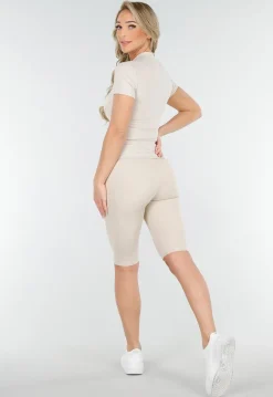 Beige Sportset met Korte Mouwen Jasje, High-Waist Short en Corrigerende Band