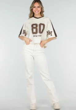 Beige Straight Leg Jeans met High Waist en Stretch