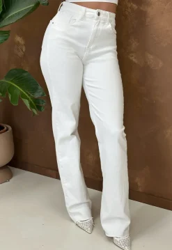 Beige Straight Leg Jeans met High Waist en Stretch