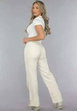 Beige Straight Leg Jeans met Omgeslagen Pijpen