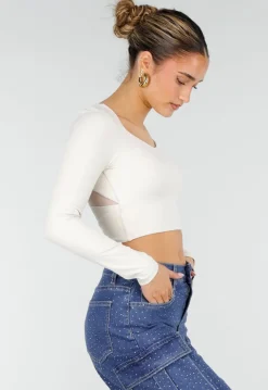 Beige Stretch Crop Top met Lange Mouwen en Pads