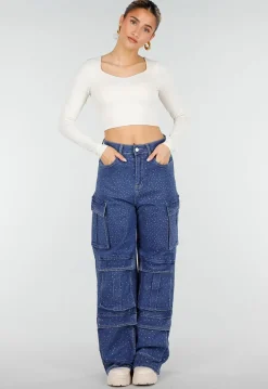 Beige Stretch Crop Top met Lange Mouwen en Pads