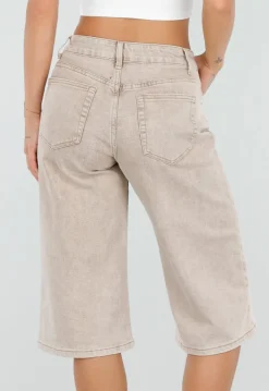 Beige Stretch Denim Bermuda Broek met Rechte Pijpen