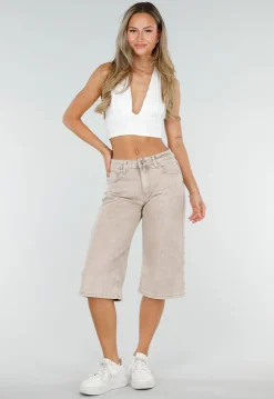 Beige Stretch Denim Bermuda Broek met Rechte Pijpen