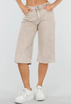 Beige Stretch Denim Bermuda Broek met Rechte Pijpen