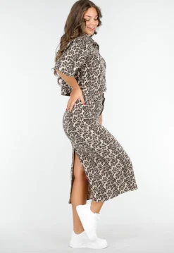 Beige Stretch Luipaardprint Two-piece met Rok en Cropped Blouse