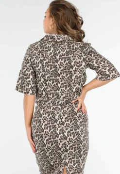Beige Stretch Luipaardprint Two-piece met Rok en Cropped Blouse