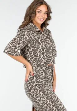 Beige Stretch Luipaardprint Two-piece met Rok en Cropped Blouse