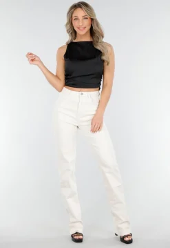 Beige Stretch Straight Leg Jeans Tall met Gerafelde Onderkant