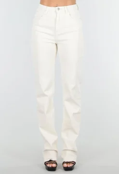Beige Stretch Straight Leg Jeans Tall met Gerafelde Onderkant