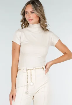 Beige Stretch Top met Col en Korte Mouwen