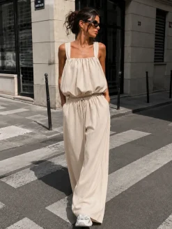 Beige Stretch Two Piece Set met Mouwloze Top en Wide Leg Broek