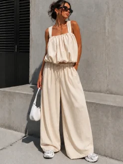 Beige Stretch Two Piece Set met Mouwloze Top en Wide Leg Broek