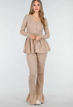 Beige Stretch Two-Piece Set met Flared Broek en Knopen Top