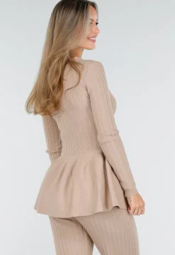 Beige Stretch Two-Piece Set met Flared Broek en Knopen Top