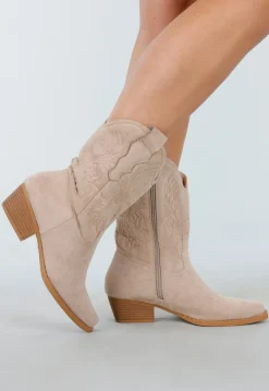 Beige Suède Cowboylaarzen met Lage Hak en Borduursel