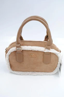 Beige Suède Handtas met Bontafwerking en Lang Schouderhengsel