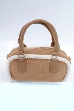 Beige Suède Handtas met Bontafwerking en Lang Schouderhengsel