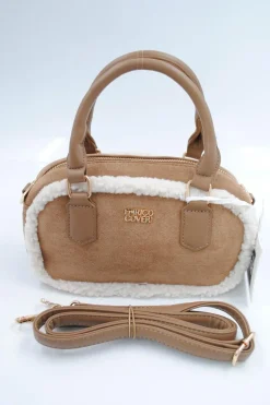 Beige Suède Handtas met Bontafwerking en Lang Schouderhengsel