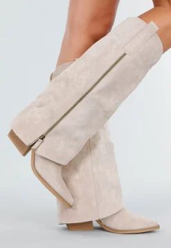 Beige Suède Look Cowboylaarzen met Stikseldetail