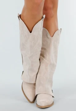 Beige Suède Look Cowboylaarzen met Stikseldetail