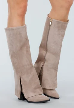 Beige Suède-look Hoge Laarzen met Split en Hak