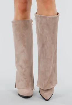 Beige Suède-look Hoge Laarzen met Split en Hak